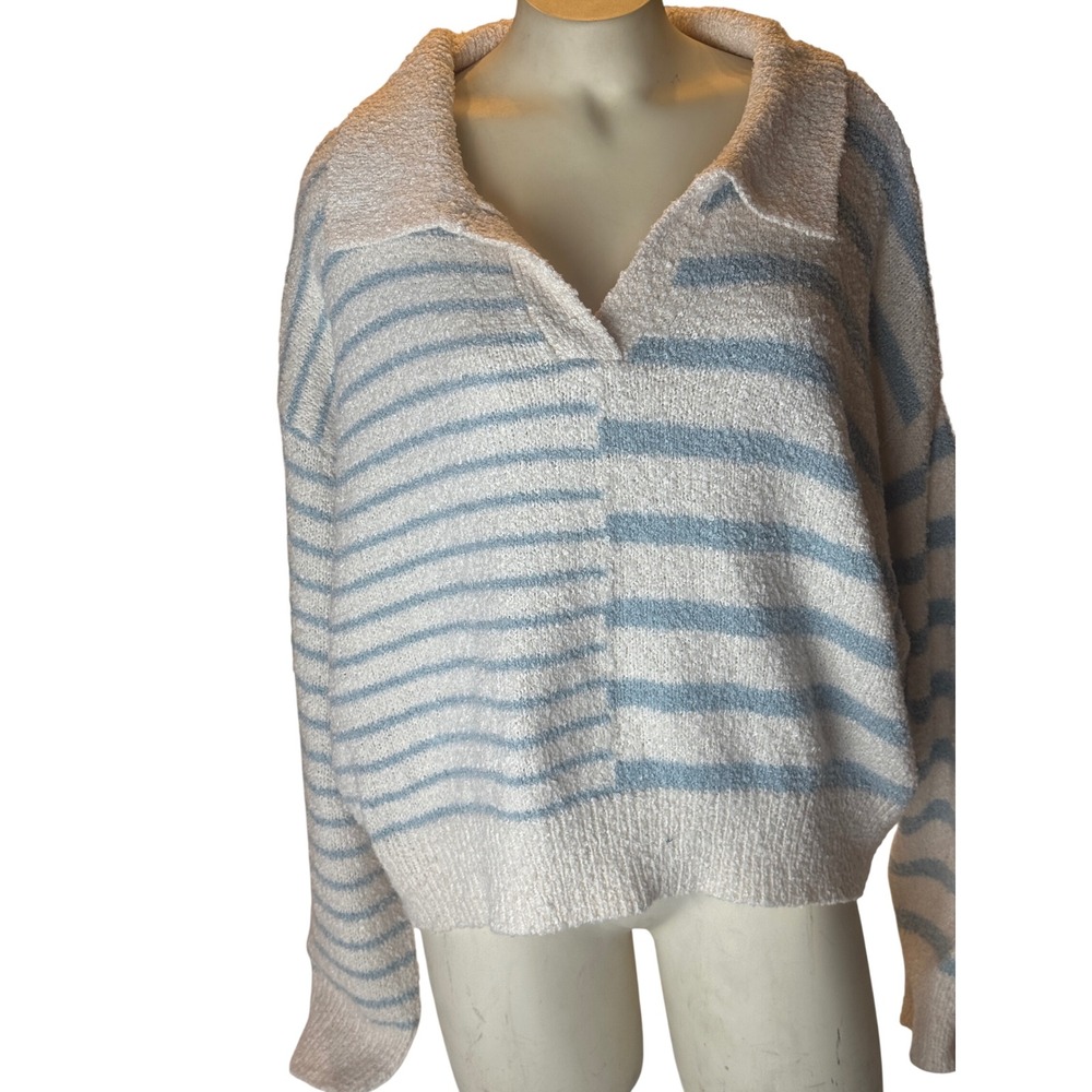 Altar'd State Blue White Striped Popcorn Knit Polo Sweater XL Coastal Boho